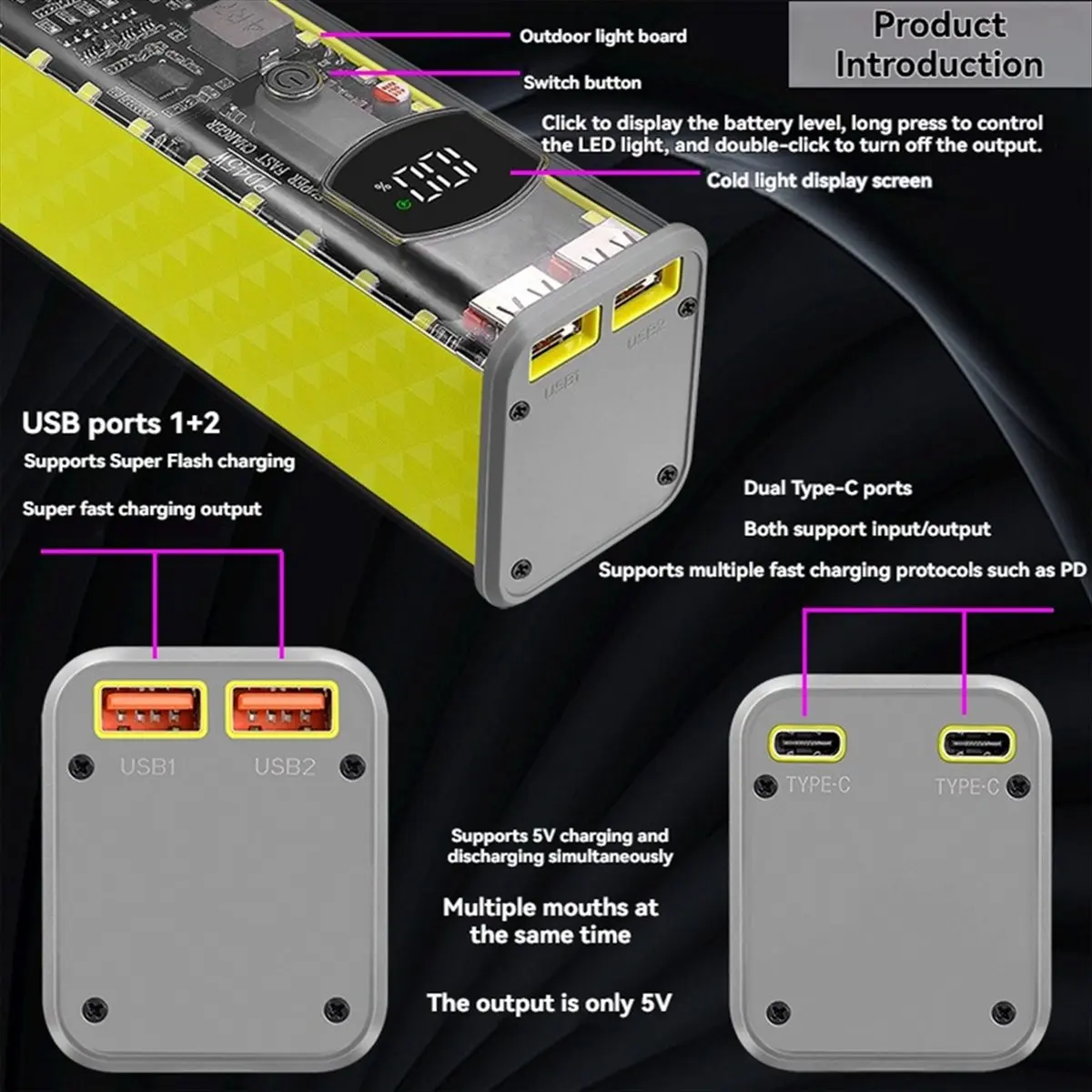 A46U 8 Slots 18650 DIY Power Bank Case PD 45W Fast Charging DIY Battery Box Cell Holder Shell No Soldering for Laptop Black