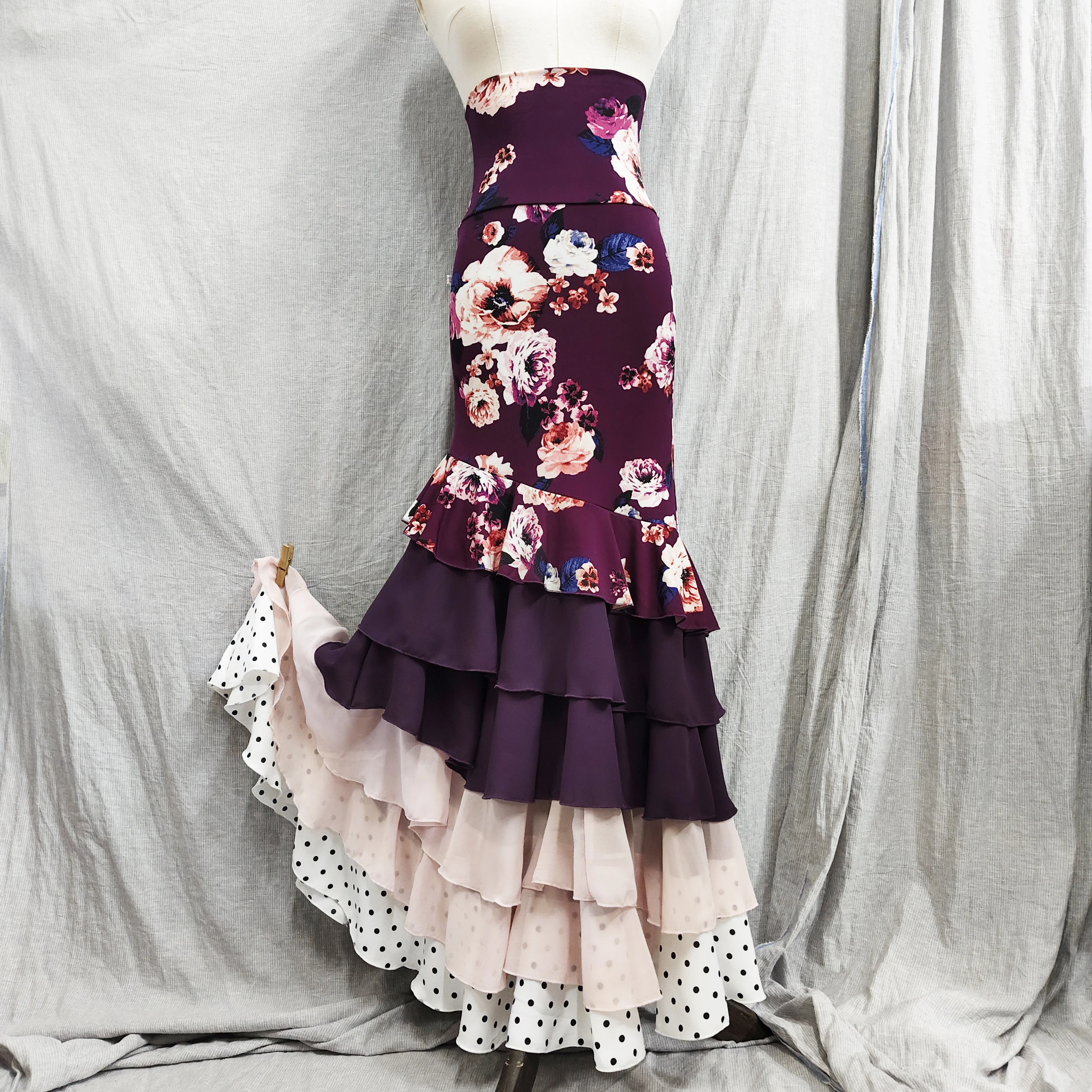 Spódnica flamenco o wysokiej elastyczności, z wysoką talią i falbanami z gazy, Spódnica flamenco DTT90