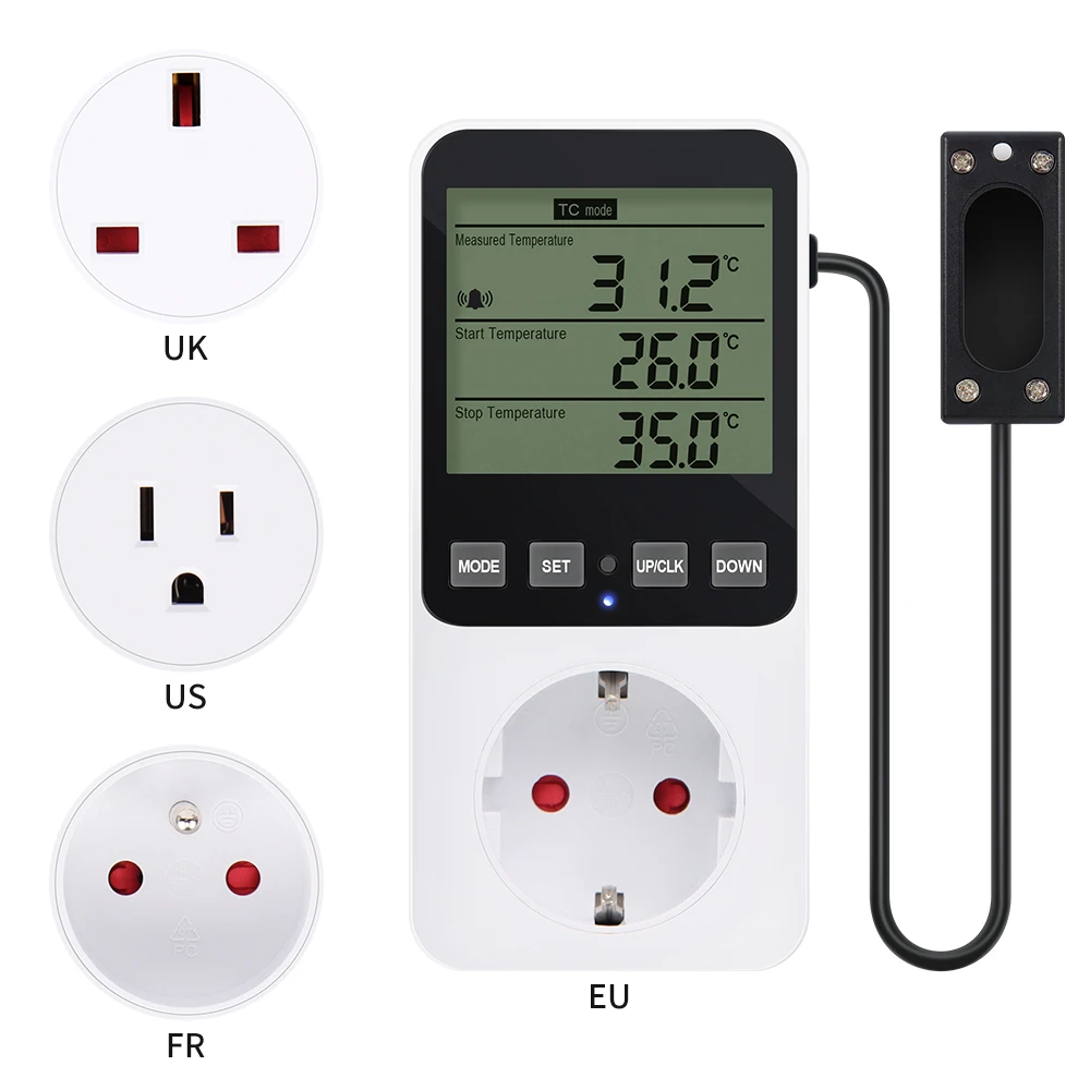 

Display Temperature Humidity Controller RH C/F Humidification Dehumidification Heating Cooling Thermostat Socket With Alarm