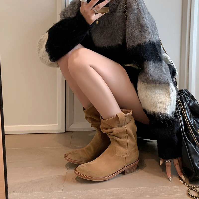 Women's Leather Slouchy Mid Calf Boots Split Tabi Toe Botas Slouchy Design Autumn Trendy Casual Retro Ladies Cowgirl Booties