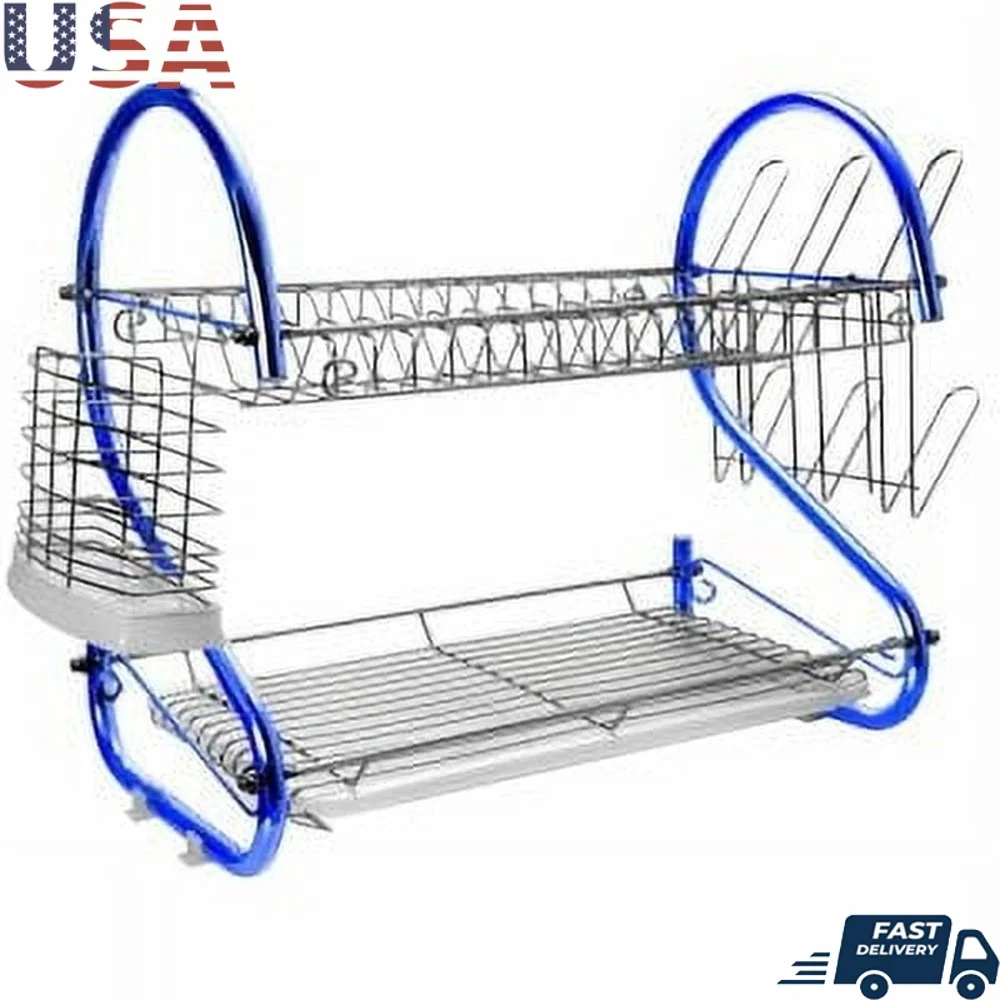 

Blue 16 Inch Two Tier Dish Rack with Utensil Holder Plastic Draining Tray Space Saving Kitchen Organizer Drying Rack
