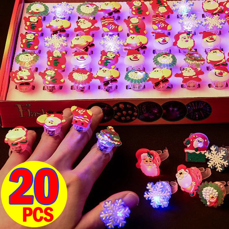 20pcs Christmas Resin Glow Ring Party Lights Glow Cute Ring Halloween Flashing Finger Lights Children Gifts Toys Christmas Decor