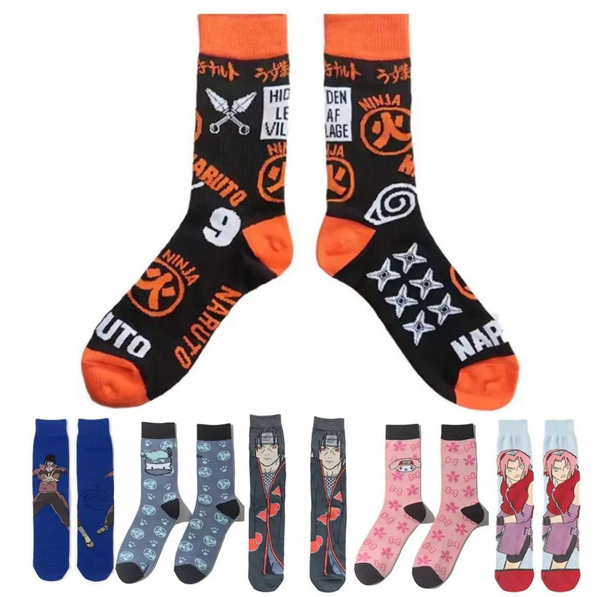 In the Naruto Anime, Thigh-High Socks Featuring Naruto, Sasuke, and the Akatsuki, with Unique Personality Designs, Trendy Breath