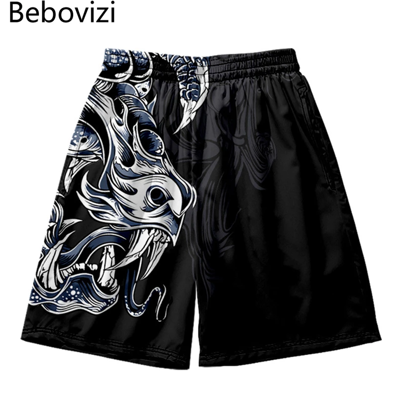 

Summer Fashion Harajuku Dragon Print Beach Shorts Casual Loose Sweatshorts Streetwear Men Elastic Waist Gym Shorts Plus Size