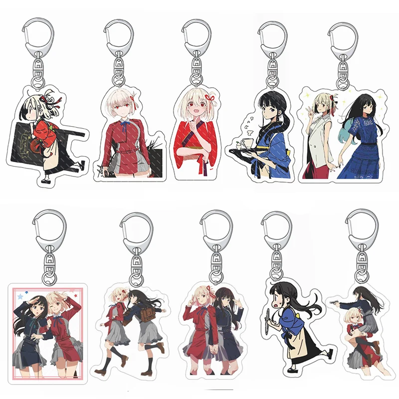 Popular Anime Lycoris Recoil Keychain Acrylic Ornament Inoue Takina Chisato Nishikigi Figures Metal Holder Keyring Fans Gift