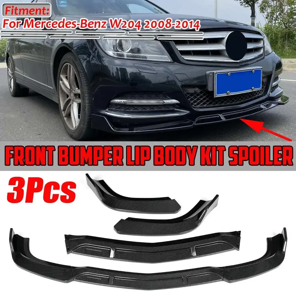 

3PCS W204 Bumper Lip Car Front Bumper Splitter Lip Diffuser Protector Cover Trim For Mercedes For Benz W204 2008-2014 Body Kit