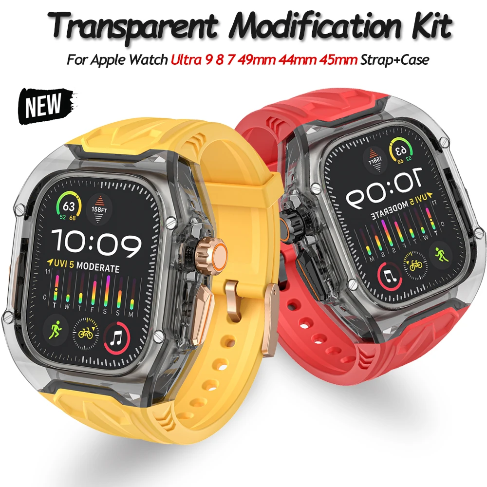 

Transparent Modification Kit For Apple Watch Ultra 9 8 7 49mm 44mm 45mm Strap+Case For iWatch Series 6 5 4 Rubber Band Refit Mod