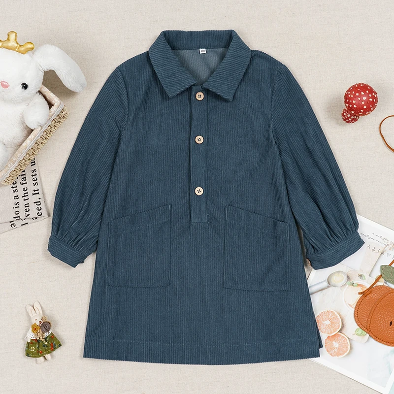 Lässiges Cordkleid für Mädchen 2026 Retro Herbst Neu Kinderkleid mit Revers Knöpfen Langarm mit Taschen Winterkleidung – Detail 3