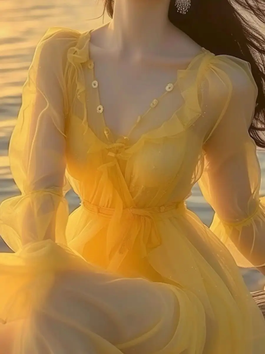 New Yellow Chiffon Elegant Women Long dress 2024 Summer Sweet  Beach Vacation Romantic Fairy Beach Dress