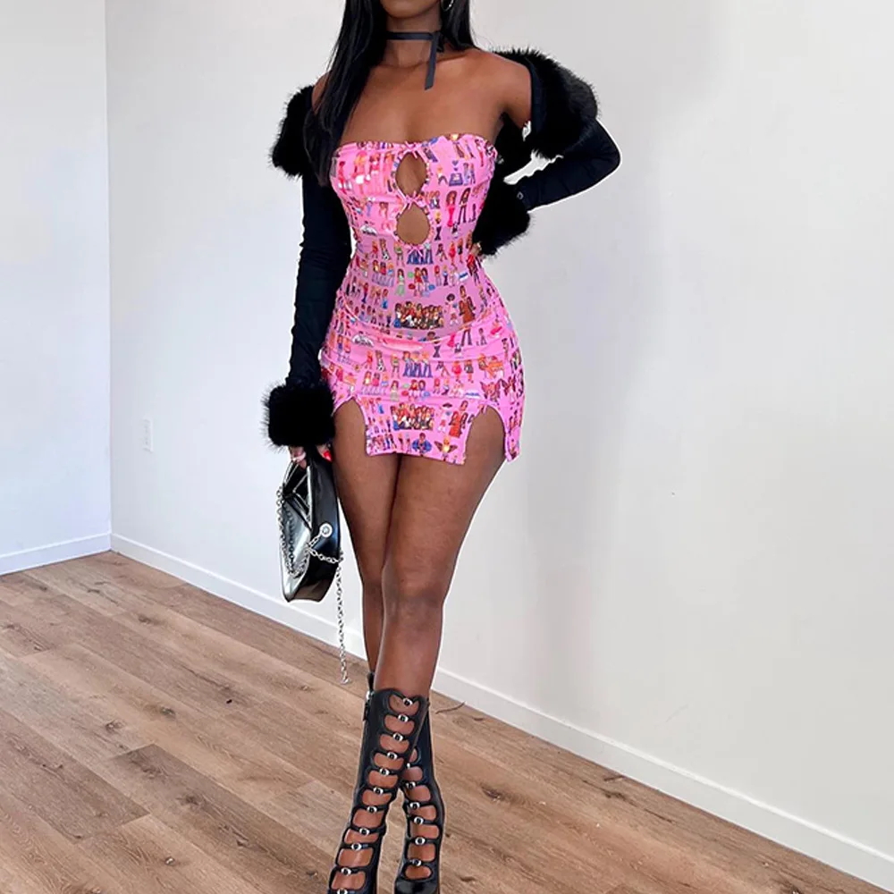 Sexy Hollow Out Split Mini Dress Pink Figure Printed Fashion Strapless Skirt 2024 New Backless Spicy Girl Slim Fit Dress