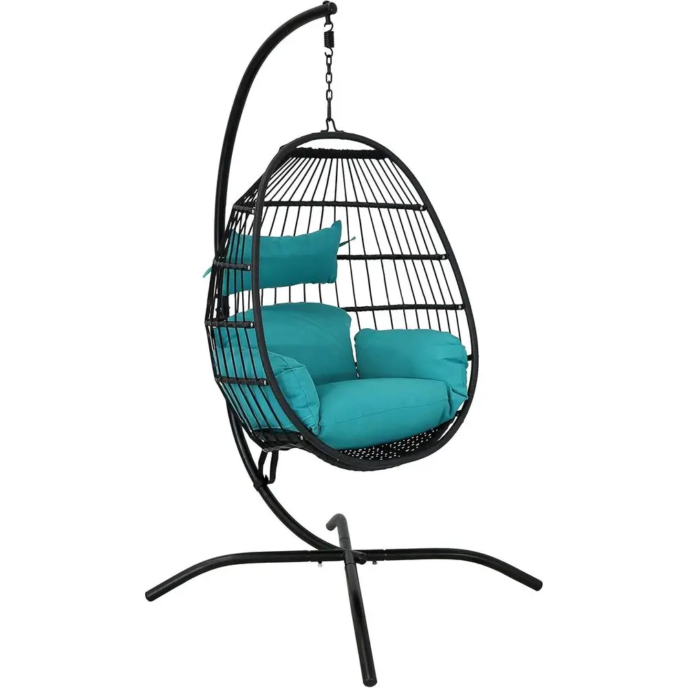 

Resin Wicker Hanging Egg Chair with Teal Cushions and Steel Stand - 81 Inches Tall