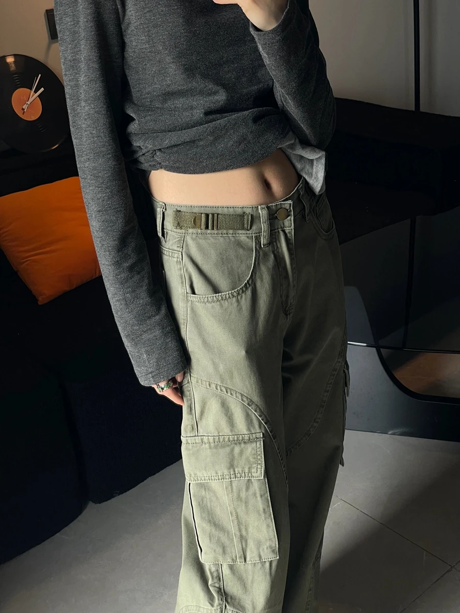 بنطلونات عمل عسكرية خضراء كبيرة الحجم من American High Street للنساء فضفاضة وواسعة الساق جينز غير رسمي بخصر عالٍ وقصة مستقيمة