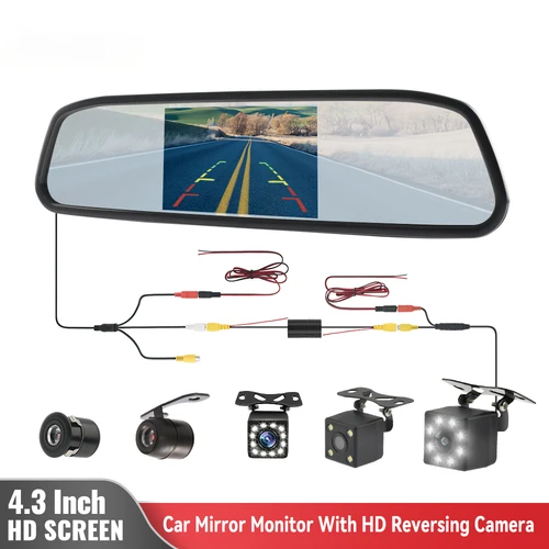Imagen 1 del producto Cámara de visión trasera con Monitor de espejo para coche, cámara de espejo retrovisor para estacionamiento de vehículos, pantalla de 4,3 pulgadas, cámara de marcha atrás Hd