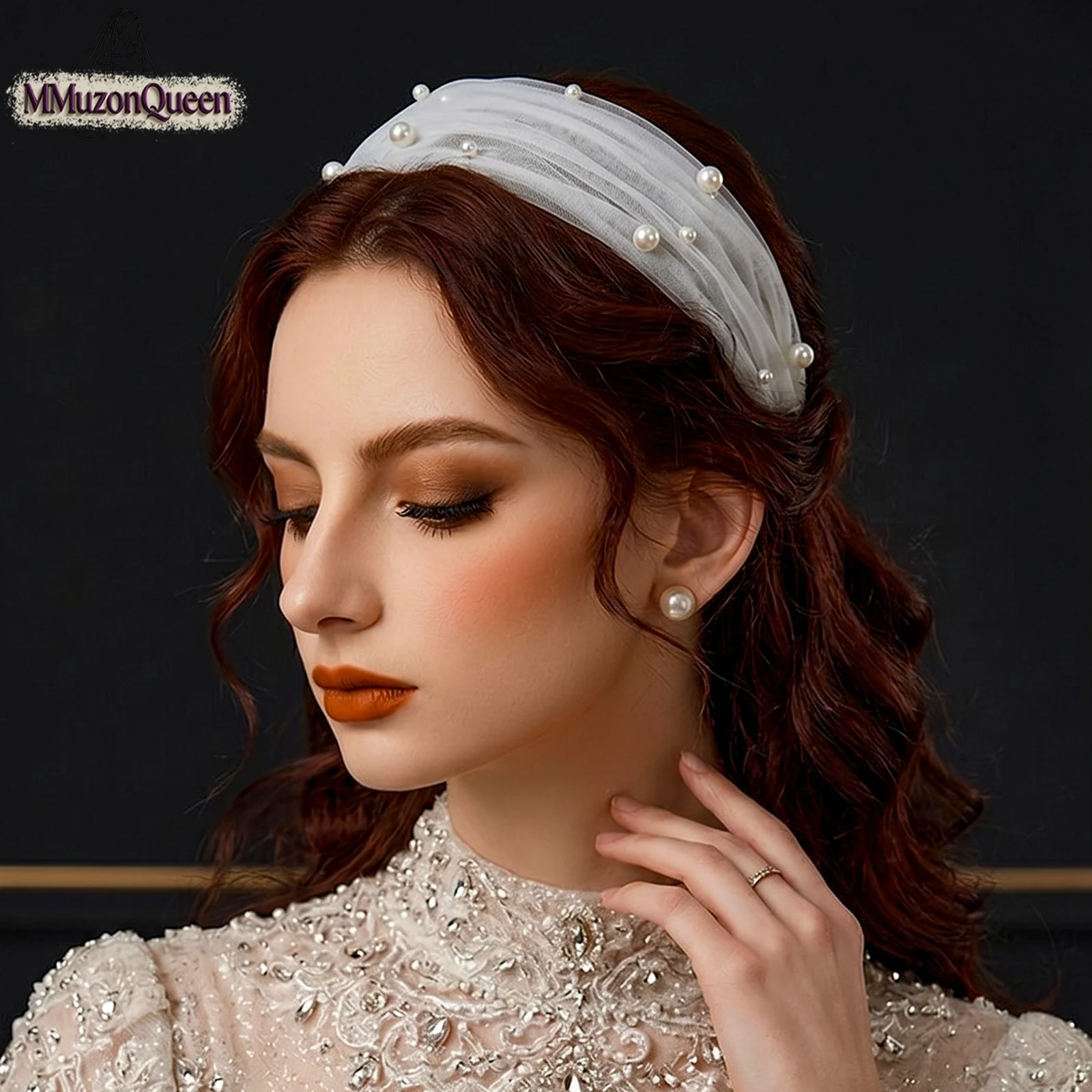 TOPQUEEN High Quality Headband Decoration With Pearls Bridal Party Tulle Decoration Ladies Party Clothing Matching Va17