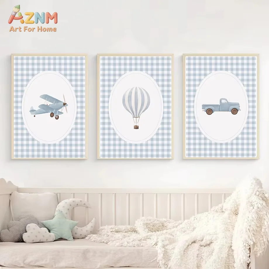 Blue Vintage Truck Car Plane Hot Air Balloon Train Sailboat Poster Canvas Painting Print Wall Nursery for Room Home Decor