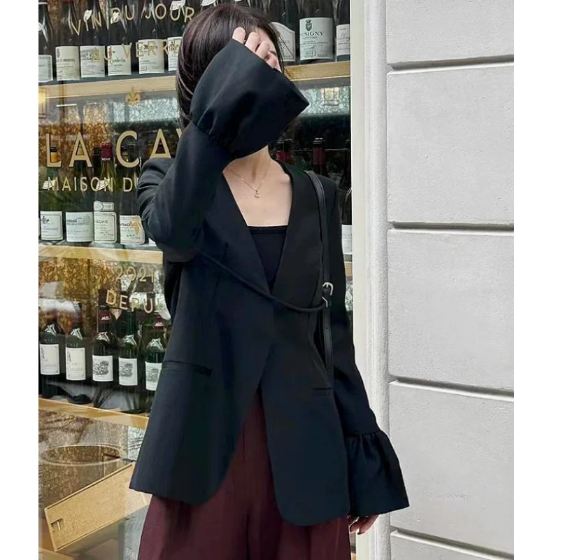 High-End Professional Goddess Temperament Suit Jacket Women Spring Autumn New Loose Straight Black V-neck Blazer Coat Outer Wear