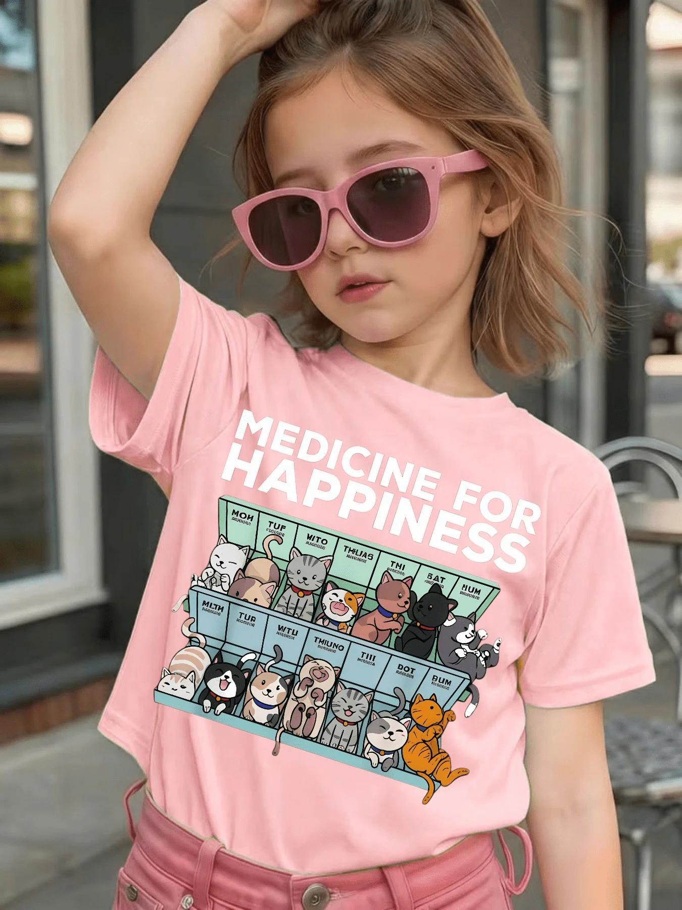 Cute Medicine For Happiness Cats Box Graphic Kids Tee Boys Girls Family Matching Cotton Crew Neck Short Sleeve Soft Summer Tee