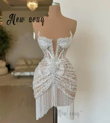 Sexy Strapless Tassels White Short Prom Dresses Illusion Sleeveless Cocktail Dresses 2024 Vestidos De Fiestas Elegantes Mujer