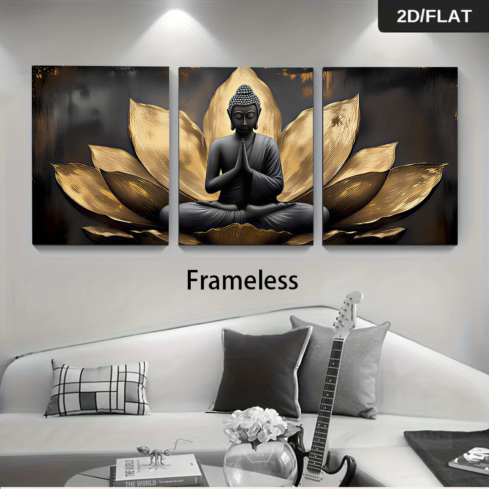 One set of three frameless paintings of golden lotus Buddha images, Zen-inspired wall art for the living room, 2D flat design.