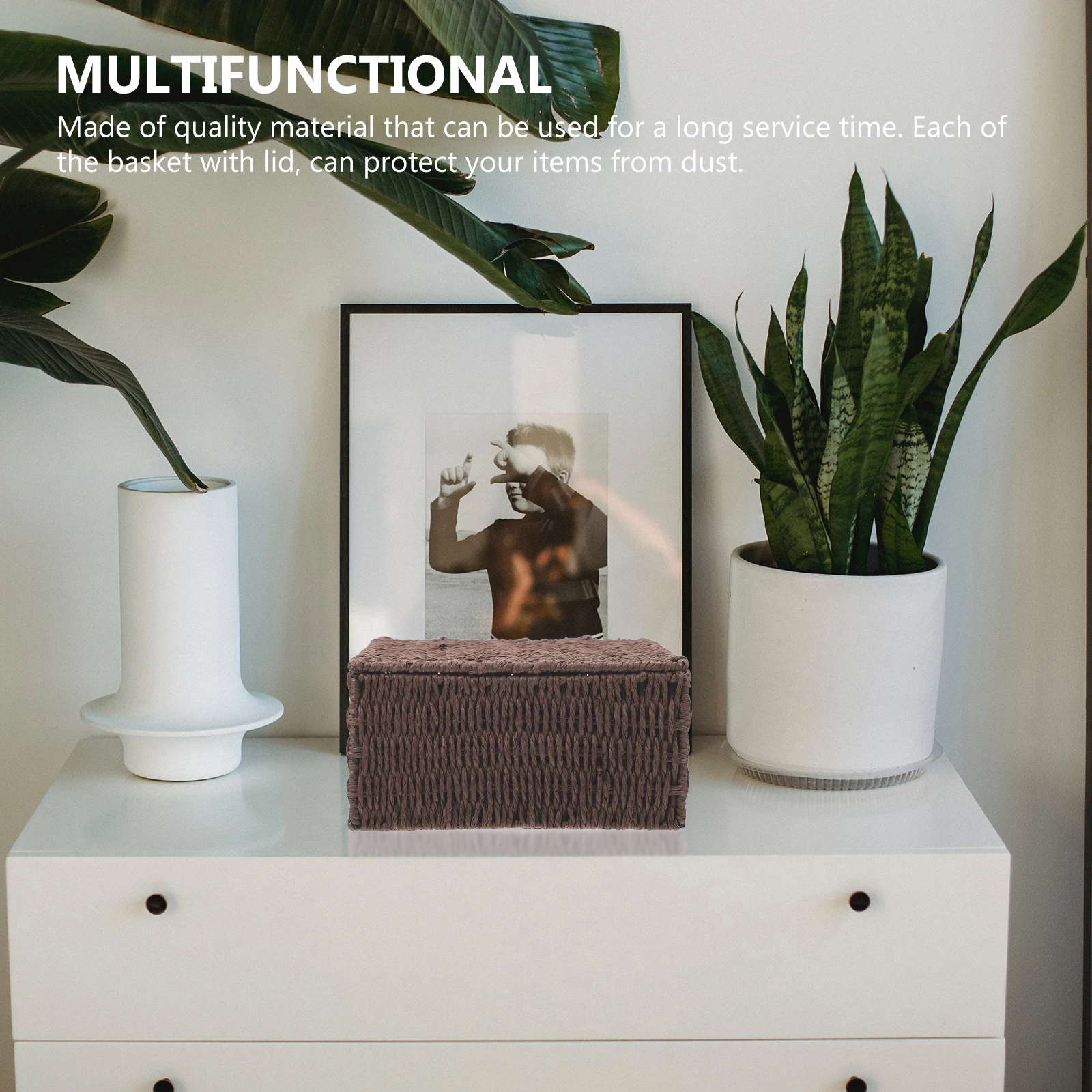 

1pc Flip Top Storage Box Woven Appearance Rustic Snack Holder Multi-Purpose Basket For Home Fruit Organizer Dustproof