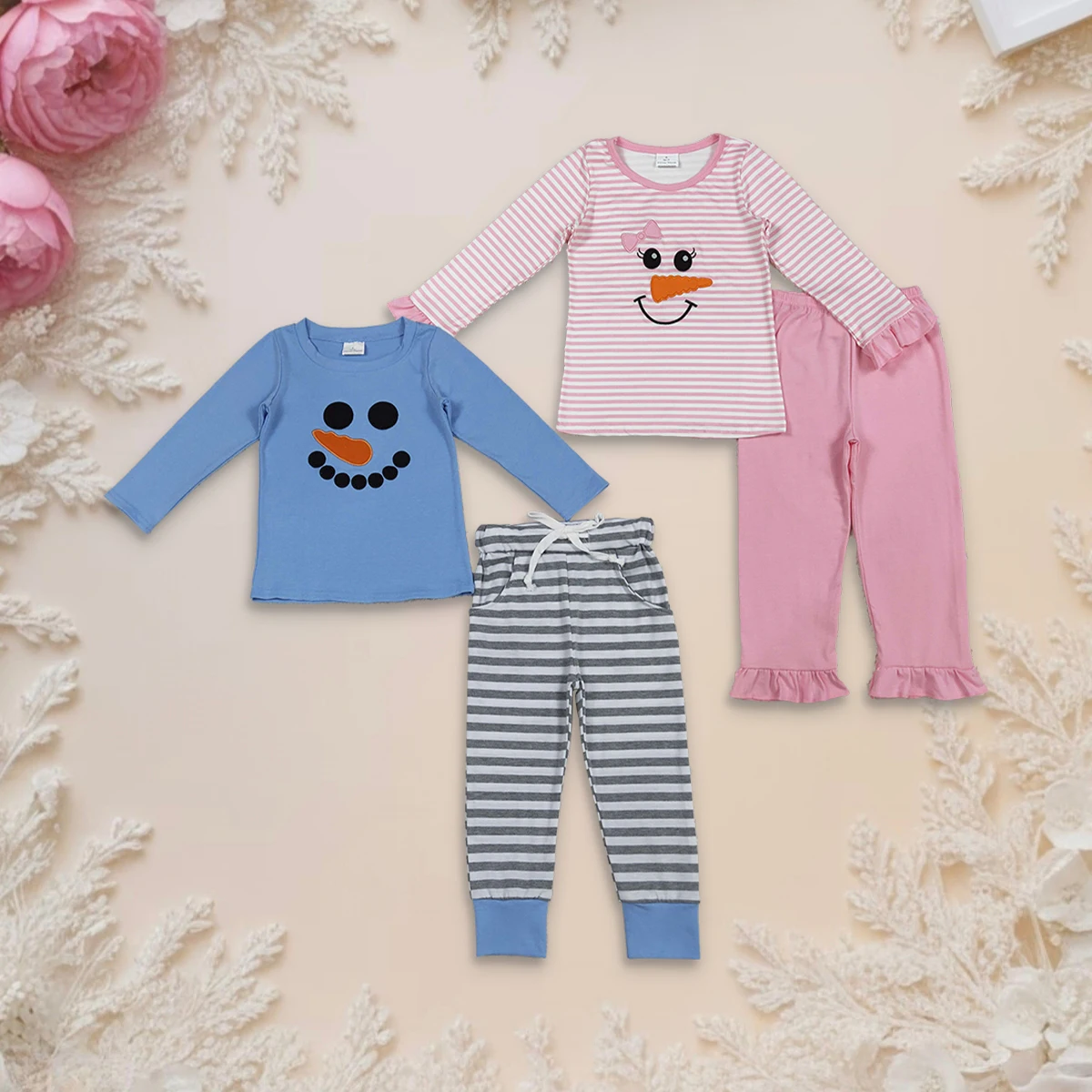 Hot Sale Baby Boys Girls Pajamas Sets Clothes Kids Nightwear Sibling Embroidery Christmas Long Sleeve Top Pant Toddler Sleepwear