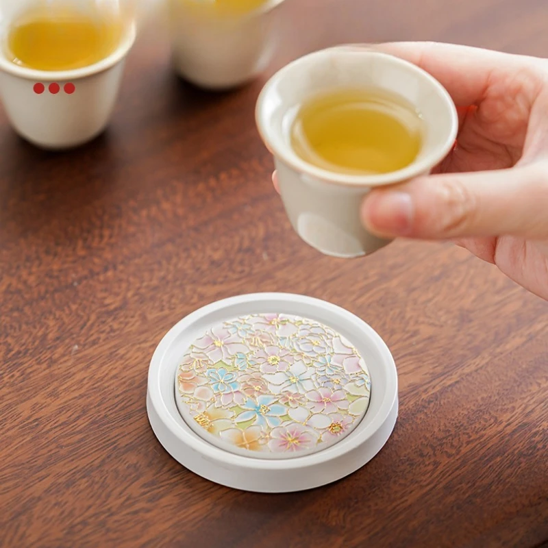 Retro Household Pink Absorbent Coaster Quick-Drying Teacup Holder Ceramic Kung Fu Tea Ceremony Accessories Thermal Insulation