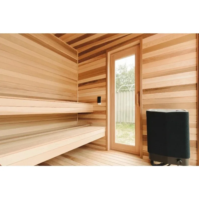 Factory Price Customized 4-Person Outdoor Dry Steam Sauna Room Square Cube Design in Red Cedar Spruce Hemlock with Stove Heating
