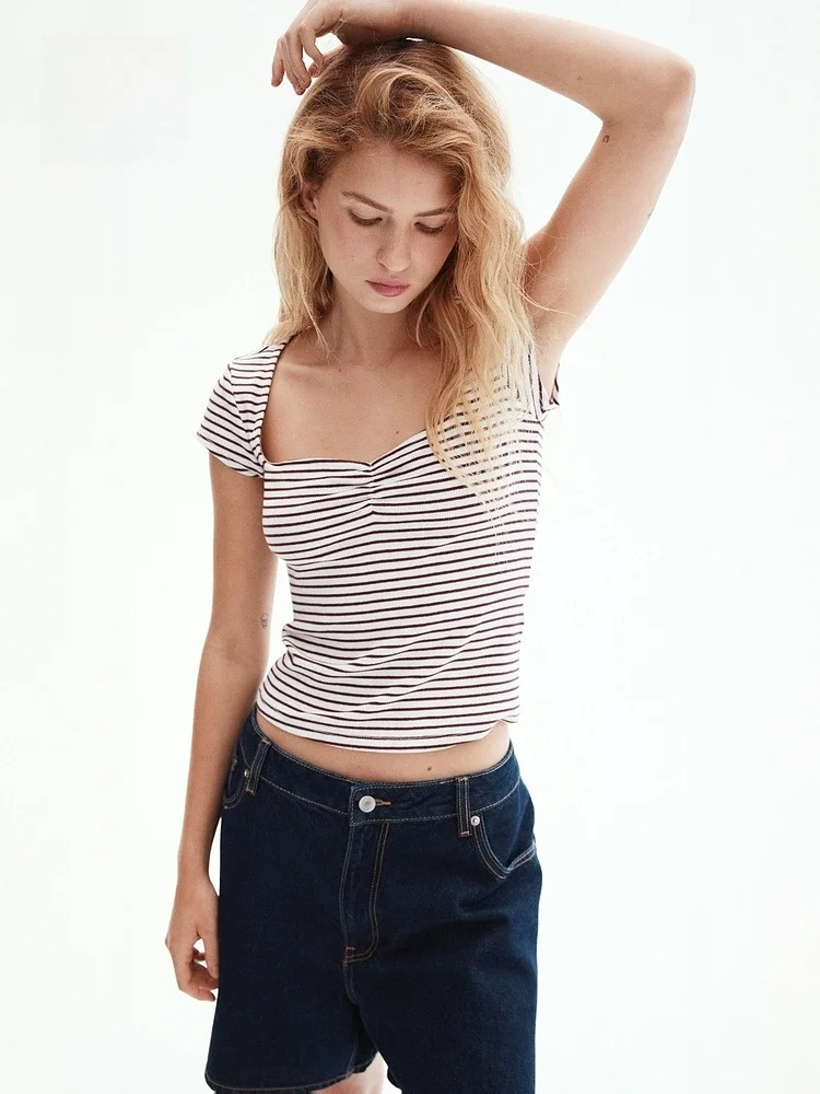 

Женская футболка H&M Slim Fit с коротким рукавом, летняя, в полоску, укороченная, из рубчатого трикотажа, хлопок/полиэстер, комфортная
