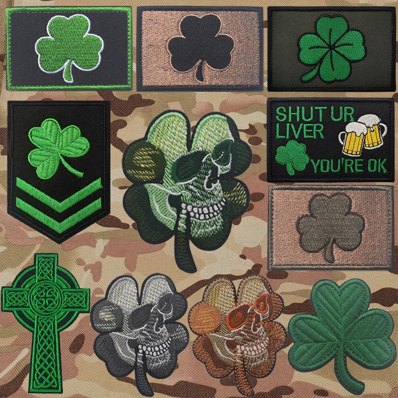 Shamrock Irish Clover Lucky Leaf Patch Skull Tactical Military Embroidered Patches Stickers On Clothing With Hook And Loop