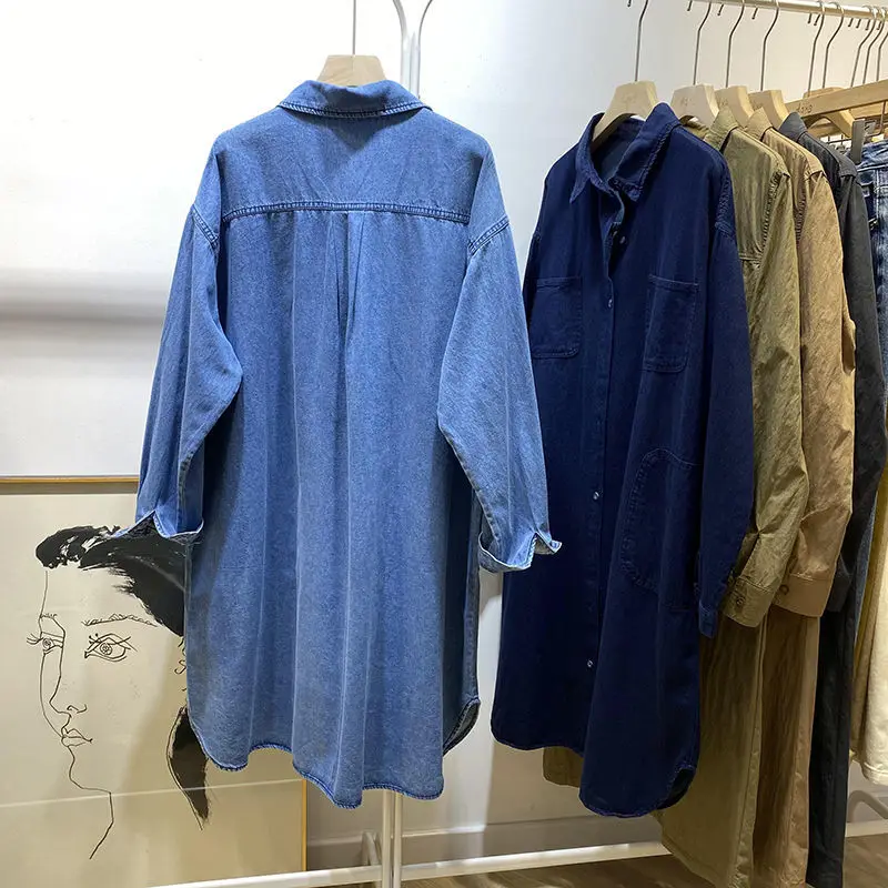 Polo Collar Mid-length Denim Jacket for Women Spring and Autumn Loose Shirt Long Sleeve Top