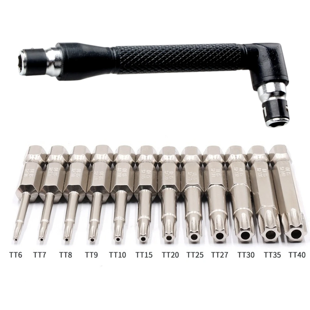 12pcs Screw Head Set Hard Electroplating 50mm Pneumatic Driver Head Six Stars with Holes Hexagonal Screw Tip Tamper Proof T5-T40