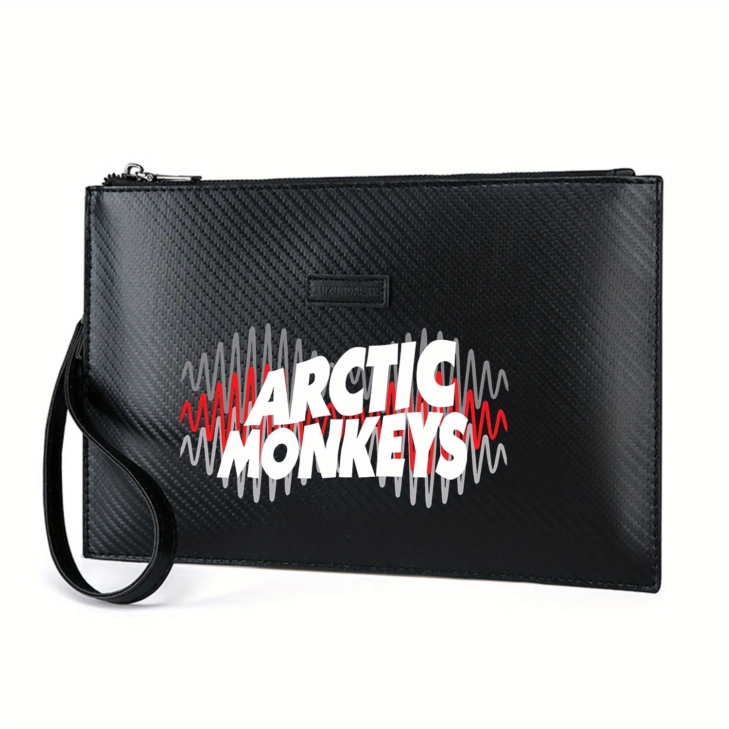 نص أبيض جريء مع موجات رمادية وحمراء حقيبة يد رجالية أنيقة مطبوعة من البولي يوريثان عصرية وعملية للحمل اليومي