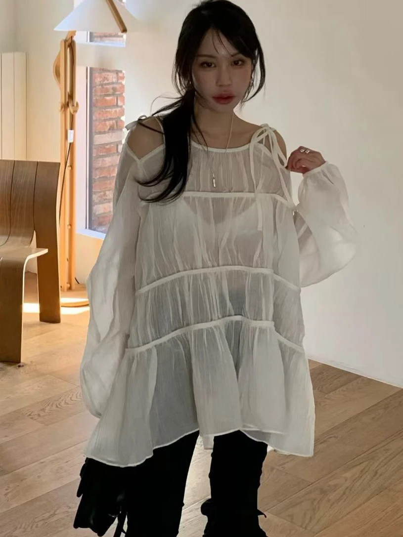 

Ele Loose Women's irt Chic Retro Faion Sweet Fairy Top Transparent Korean Sle Long Sve Mid-Length Korean Faion