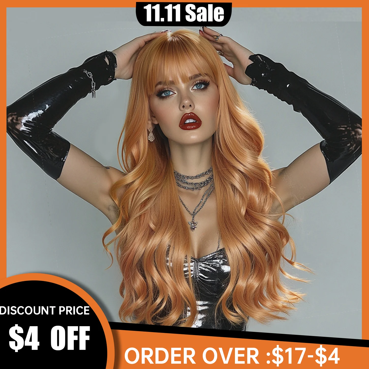 

Synthetic Long Curly Brown Wig with Bangs Wavy Brown Mixed Blonde Wig for Women Daily Use Halloween Cosplay Wig Y2K Style Wig