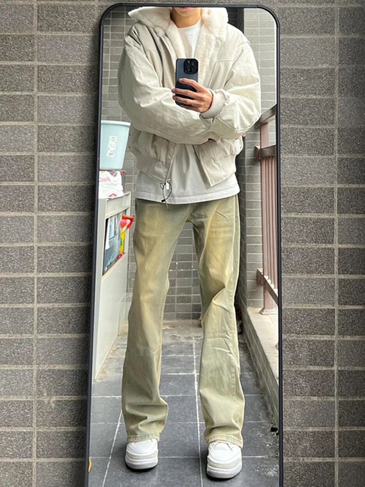 

Мужские джинсы в американском ретро-стиле, с высокой талией, цвета желтой глины, прямого кроя, облегающие, молодежные, модные, из смесового хлопка и полиэстера, износостойкие...