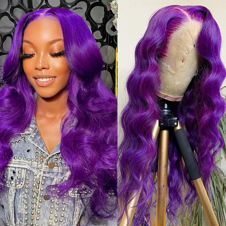 

Violet Purple 13X4 Body Wave Lace Front Wig 30Inch Brazlian Human Hair Wigs Purple Blue Pink And Transparent Lace Frontal Wig