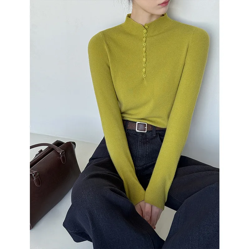 

Свитер с высоким воротником и пуговицами, осень-зима, женские шерстяные тонкие вязаные топы с длинными рукавами