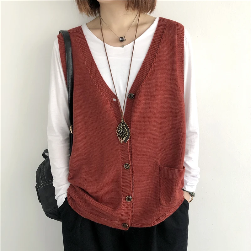 High Quality Knitted Vest Cardigan Women\'s Thin New Solid Color Loose and Versatile V-neck Vest Jacket Top