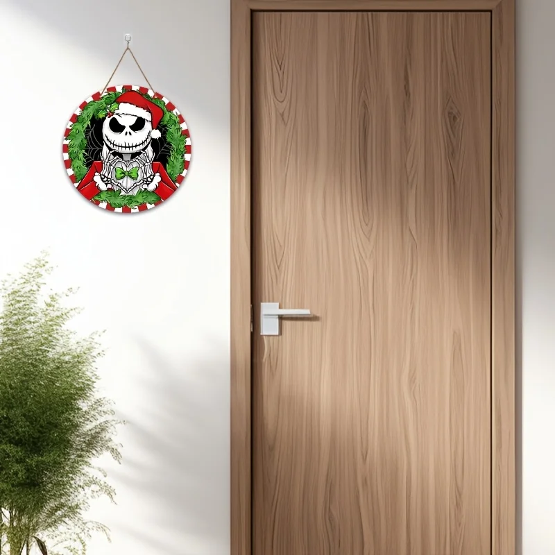 Placa de madera redonda 2D vintage - Navidad "El pesadilla antes de Navidad" Jack Skellington Señal de bienvenida con sombrero de Papá Noel y lazo T
