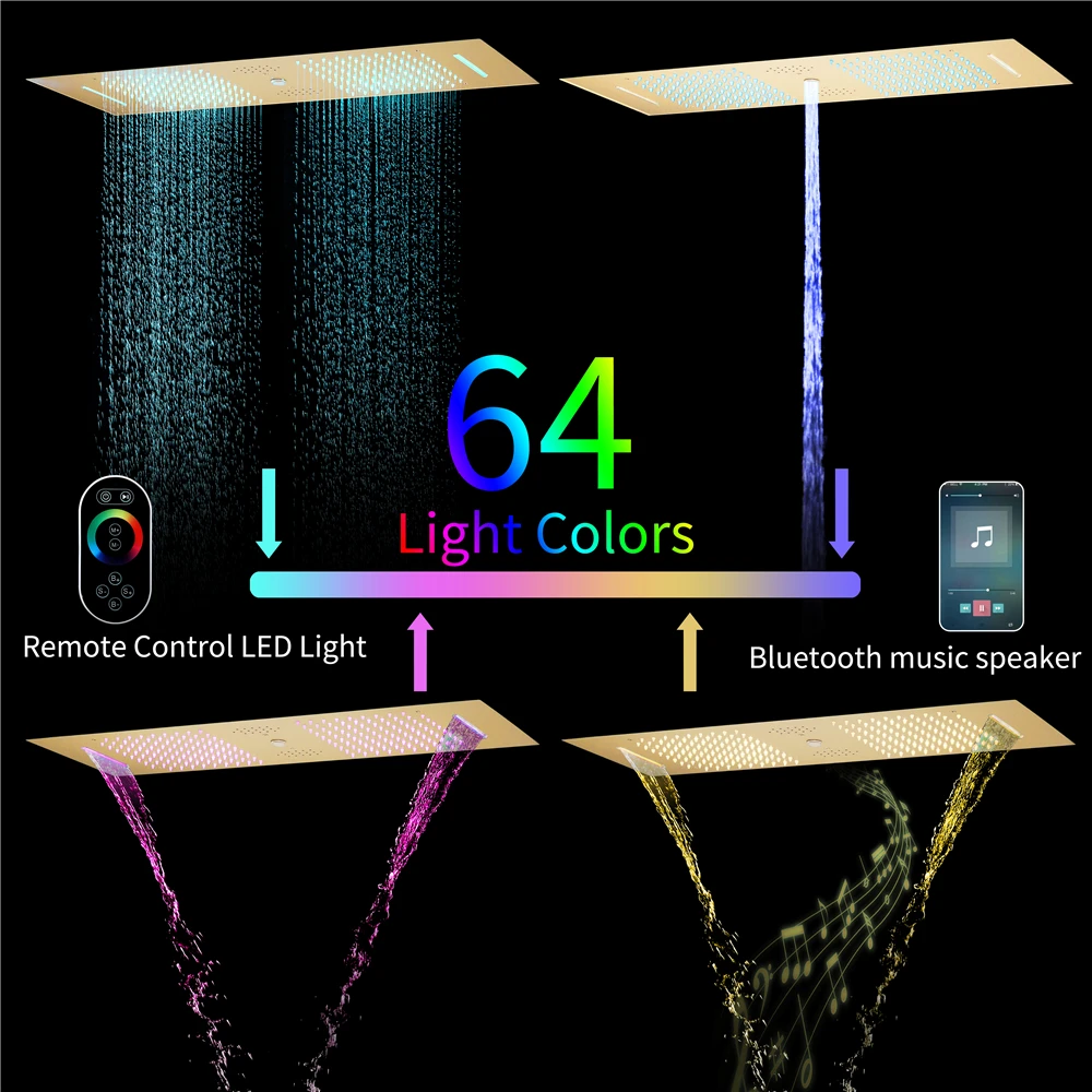 Torneira de Chuveiro para Banheiro com LED e Música, Cabeça de Chuveiro de 36*12 Polegadas com Display de Temperatura e Corpo Principal em Latão