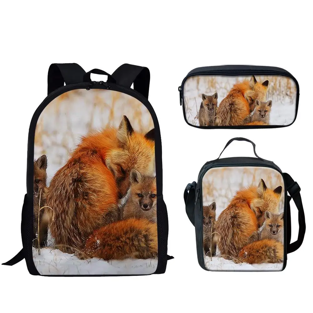 Popular Youthful Fox 3D Print 3pcs/Set Student Travel bags Laptop Daypack Backpack Lunch Bag Pencil Case