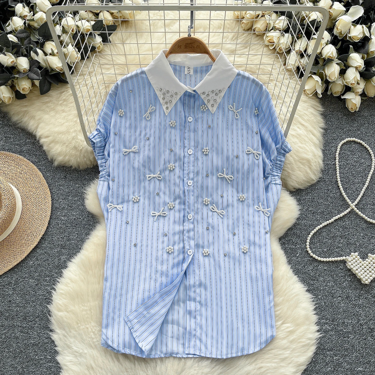 

Chic Vintage Blouse loose basics butterfly rhinestone button striped Korean Fashion Shirt Sexy Elegant Women Y2k