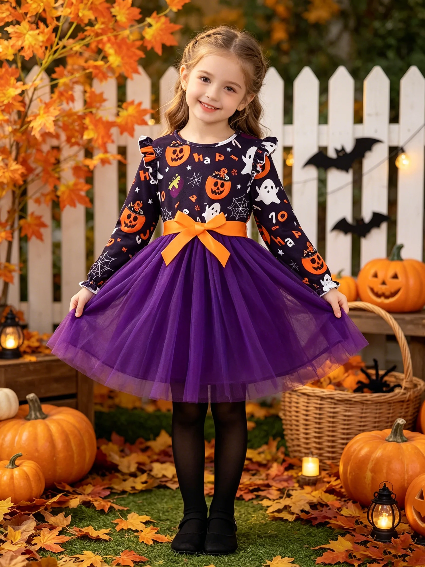 Langärmeliges Halloween-Kleid aus Mesh mit Kürbis- und Geistermuster, Rundhalsausschnitt, mittellanger Rock für Kinderkostüme – Detail 2