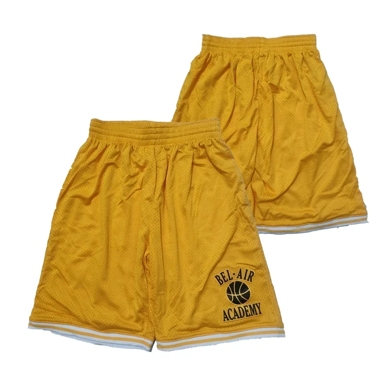 

2024 Basketball shorts BEL-AIR ACADEMY pockets Sewing embroidery Outdoor sports Beach pants cheap high quality yellow summer
