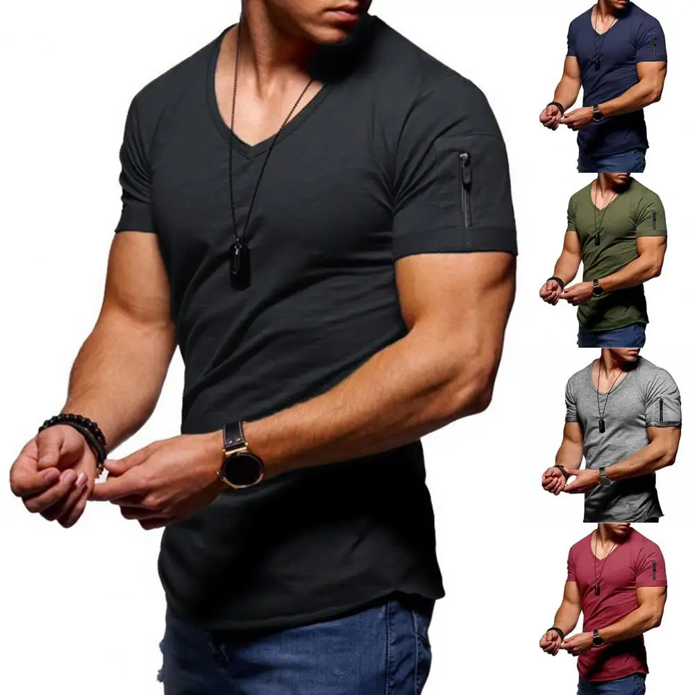 2024 Stretch V Collar Mens T Shirt Solid Color Short Sleeved T-Shirt For Male Men Tights Slim Tshirt