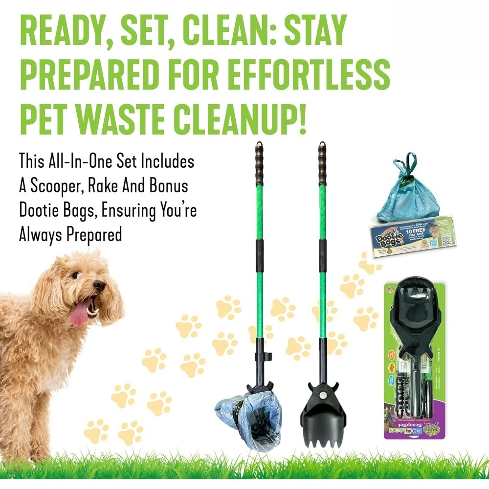 

Pooper Scooper and Rake Set for Dogs with 10 Waste Bags No Bend Cleaning Tool Lightweight Pet Waste Remover Fits Any Style