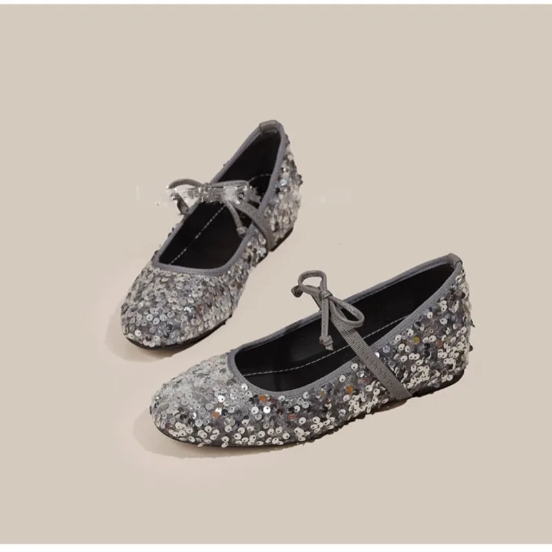 Women Bling Sequins Design Ballet Flat Shoes Women Sweet Bow Mary Jane Shoe Comfort Shallow Soft Sole Casual Shoes Zapatos Mujer