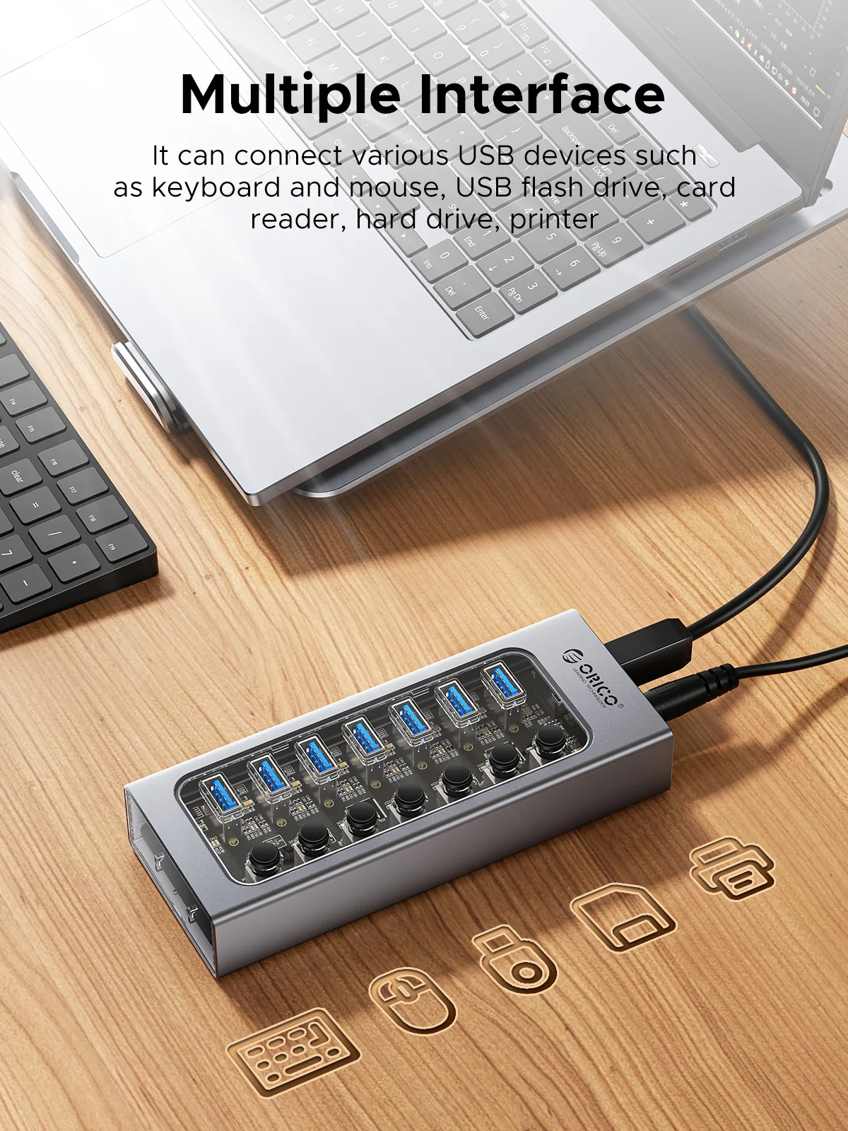 ORICO USB3.0 Hub Алюминиевый промышленный 7-портовый разветвитель с адаптером питания 12 В для планшетов мобильных телефонов Macbook