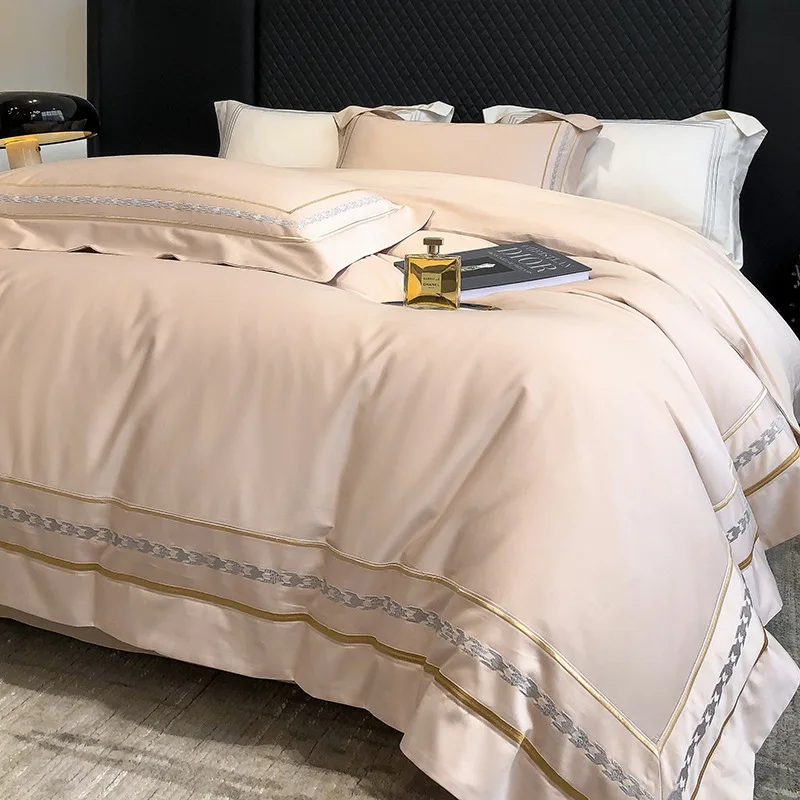 100% Egyptian Cotton Skin-friendly Luxury Embroidery Queen King Size Bedding Set Duvet Cover Flat/Fitted Bed Sheet Pillowcases
