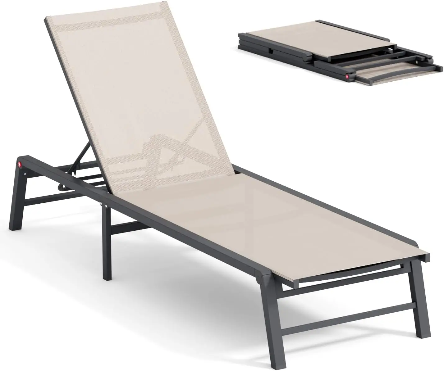 Foldable Aluminum Chaise Lounge Chair with 5 Adjustable Backrest, Outdoor Patio Poolside Beach Lawn Furniture in Beige